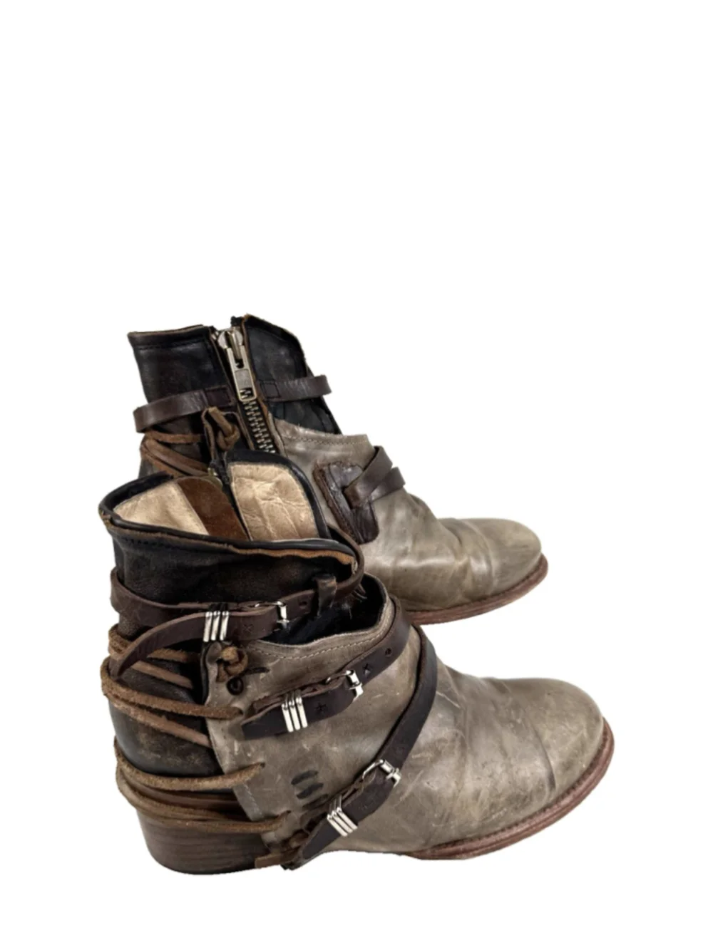 Freebird by Steven Crue Grey Multi Leather Harness Ankle Boots Women Size 10